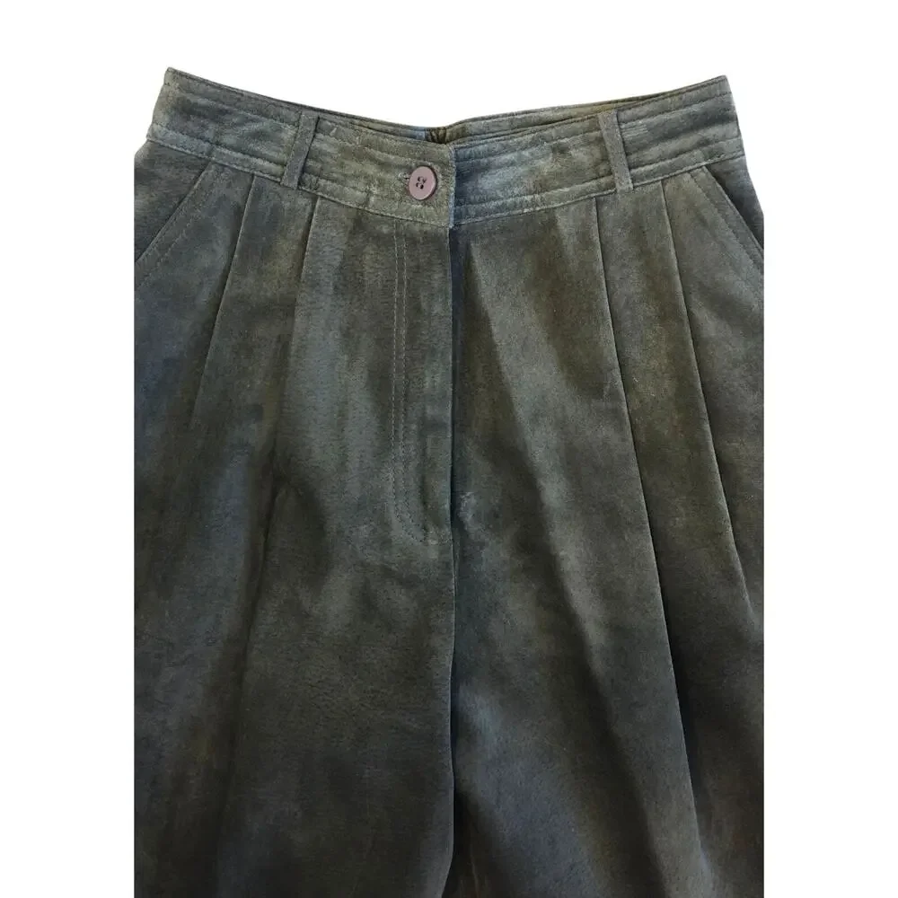 Talbots Forest Green Suede Leather Shorts Size 8 High Rise Pleated USA Made - Picture 5 of 9